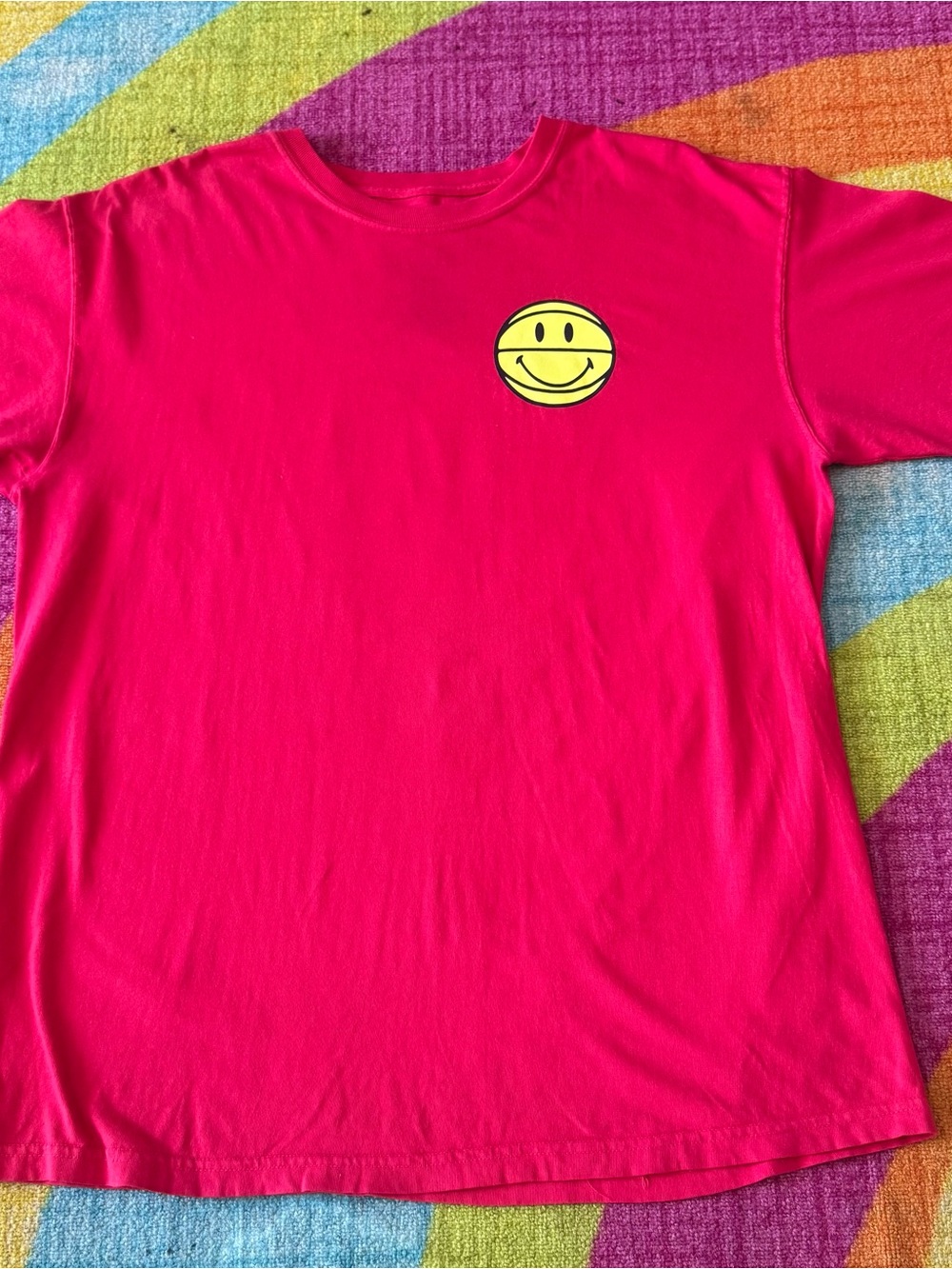 Men's Short-Sleeve Red Tee with Yellow Smiley Chest Logo